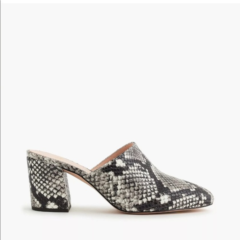 J.Crew snakeskin “Sophie” block heel mules